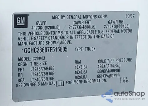 2007 Chevrolet Silverado 2500Hd Work Truck from USA, damaged, VIN 1GCHC23607F515805